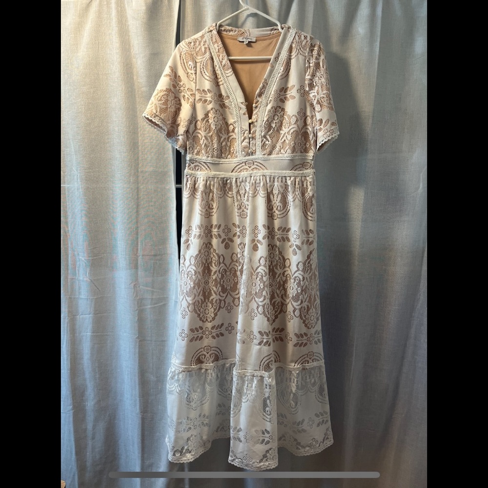 Baltic Born White Button Front Dress with Nude Lining - Size Medium